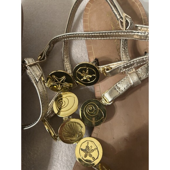 Lilly Pulitzer Gold Leather Sandal shell engraved medallions W 6 EUC ankle strap - Picture 5 of 9